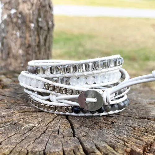 Vista 5 de Ygline Pulsera bohemia hecha a mano, con piedra de cristal, envolvente, de cuero, para mujer