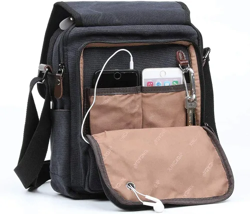 Vista 2 de XINCADA Bolso de mensajero para hombre, bolso de hombro de lona, bolso de viaje, bolso cruzado para el trabajo, negocios, Carbón negro