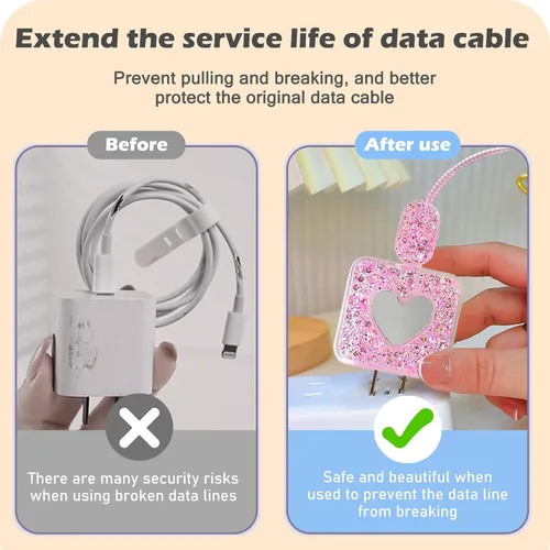 Vista 4 de Protector de cable compatible con cargador de iPhone de Apple con espejo, bonito diseño de corazón de amor con purpurina, funda USB de línea