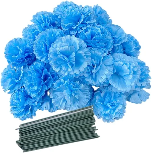 Vista 6 de Rikyo Juego de 50 cabezas de flores de clavel de seda artificial con tallos, rellenos de jarrón para decoración del hogar, fiesta, cumpleaños Champán
