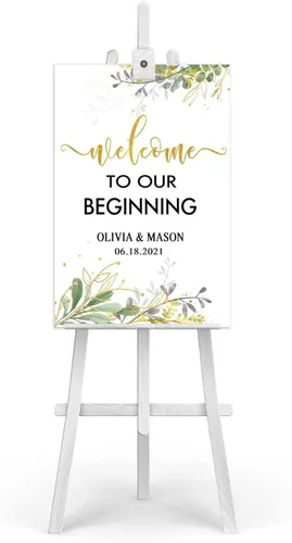 Vista 2 de popeven Letrero de boda con texto en inglés "Welcome to Our Beginning" – Letrero de bienvenida de madera rústica personalizado para boda, boda