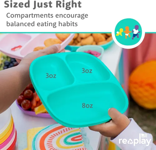 Vista 6 de Re-Play Juego de vajilla para niños pequeños, 3 platos divididos, 3 cuencos para aperitivos y 3 juegos de tenedores y cucharas, vajilla para niños