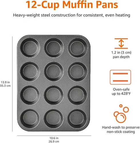 Vista 7 de Amazon Basics Molde redondo antiadherente para hornear muffins, 12 tazas, juego de 2, gris, 13.9 x 10.55 x 1.22 pulgadas