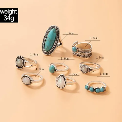 Vista 4 de Airvess Juego de anillos vintage para nudillos, anillos apilables de turquesa gruesa, anillos apilables de plata para los dedos, joyería bohemia