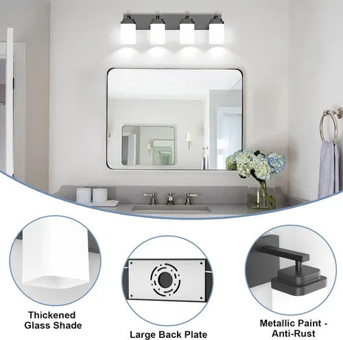 Vista 3 de Lámparas de baño de oro cepillado, 4 luces de baño sobre el espejo, diseño cuadrado y placa trasera grande rectangular, accesorios de iluminación
