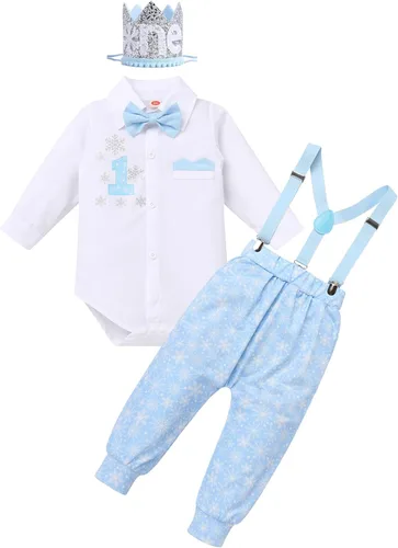 Vista 8 de IBTOM CASTLE Traje de invierno para bebé niño con copos de nieve para primer cumpleaños, mameluco con estampado de pastel y pantalones largos