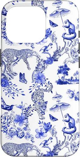 Vista 20 de French Blue Toile Chinoiserie with Flowers, Monkey, Leopards Case for iPhone 17