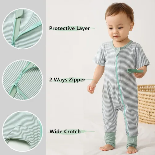 Vista 2 de BeiVSlley Paquete de 2 mamelucos de verano de manga corta para bebé, de algodón, con cremallera frontal, ropa para bebés y niños pequeños
