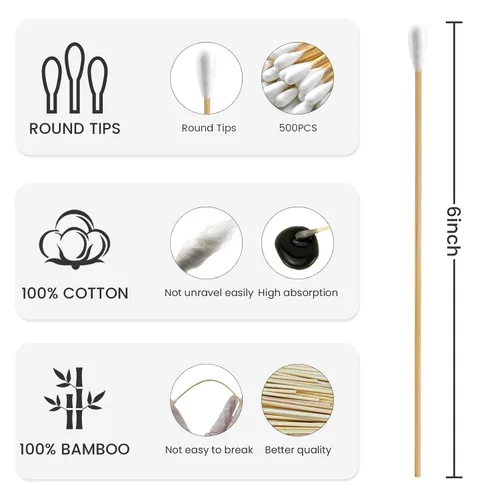 Vista 2 de 500 hisopos de algodón de 6 pulgadas con estuche de almacenamiento, hisopos de algodón resistentes sin pelusa con mango de bambú, hisopos de algodón