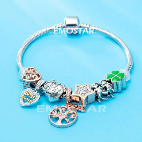 Vista 3 de EMOSTAR Abalorio familiar de plata de ley con forma de corazón para pulseras