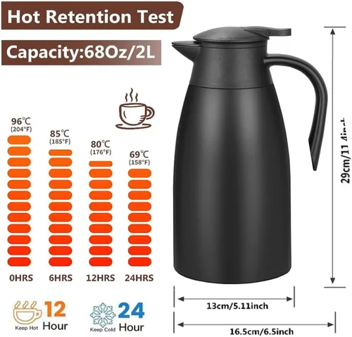 Vista 6 de Jarra térmica de café de 70 onzas, acero inoxidable, jarra de café aislada, dispensador de bebidas de café al vacío de doble pared para mantener 12