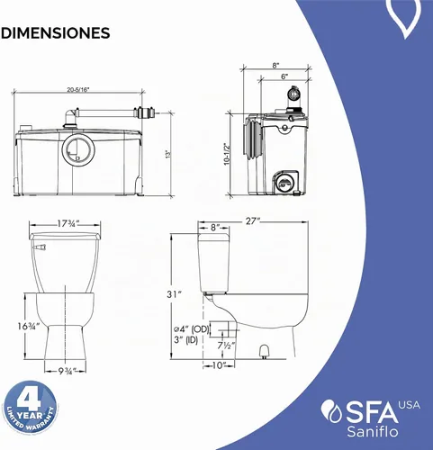 Vista 7 de SANIFLO Sanibest Pro + Toilet Bowl alargado + paquete de tanque de inodoro - Residencial - Blanco