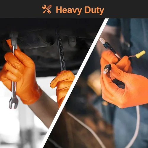 Vista 5 de HandCare - Guantes desechables de nitrilo naranja de 8 mil, sin látex, agarre texturizado de diamante para uso mecánico, trabajo y limpieza