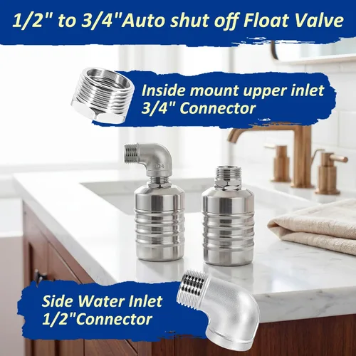 Vista 4 de 2PCS Water Float Valve, 1/2" to 3/4'' Water Level Control Float Valve, 304 Stainless Steel Automatic Water Shut off Valve, with Straight & Elbow