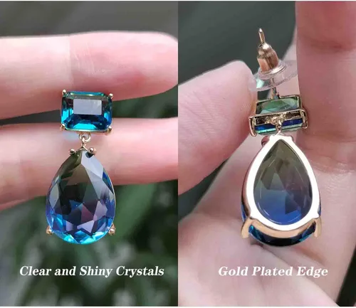 Vista 5 de CXUEMH - Aretes colgantes de lágrima para mujer, aretes colgantes azules y verdes, elegantes para graduación, aretes verdes esmeralda, joyería