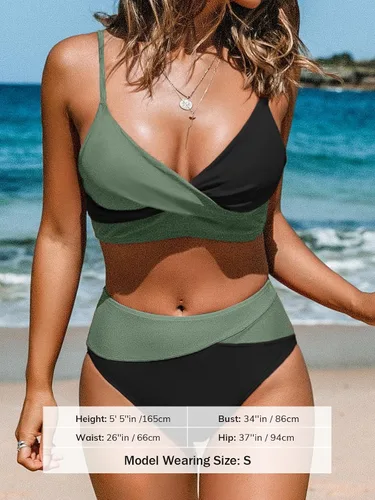 Vista 4 de CUPSHE Conjunto de bikini de dos piezas con cuello en V y cintura alta para Negro/Verde