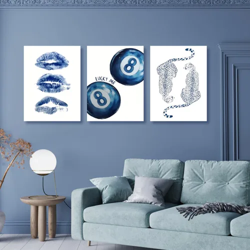 Vista 2 de GELDSTEI Arte de Pared de Guepardo Azul Preppy, Imágenes Estéticas Retro de Bola 8 Azul Marino, Obra de Arte en Lienzo Envuelto de Labios de Beso