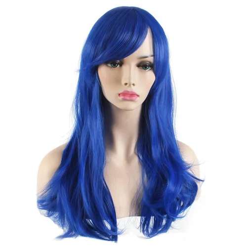 Vista 3 de Peluca de cosplay para mujeres con gorra, peluca de 28in largo y ondulado resistente al calor de AKStor, Azul
