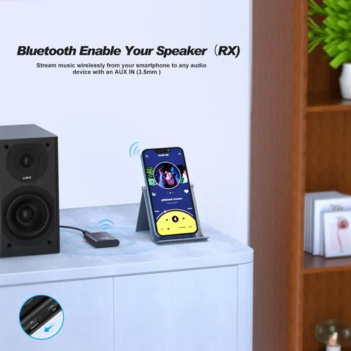 Vista 4 de Receptor transmisor Bluetooth, adaptador inalámbrico 2 en 1 para audio, adaptador auxiliar Bluetooth para TV, PC, MP3, gimnasio, avión, barco