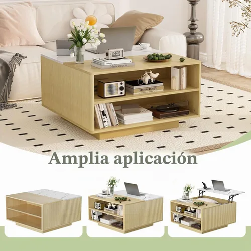 Vista 6 de Mesa de centro elevable con almacenamiento, mesa cuadrada central de madera natural estriada con almacenamiento abierto, mesa central para sala