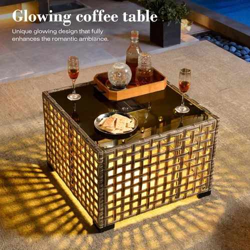 Vista 6 de ovios Muebles de patio de 8 piezas con hoguera, juego de conversación de mimbre de ratán para exteriores con mesa de centro brillante, cómodo sofá