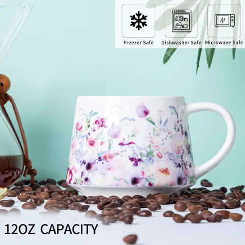 Vista 8 de Topadorn - Taza de café floral morada, taza de té de cerámica de 12 onzas con caja de regalo a juego, taza de flores silvestres de acuarela, apta