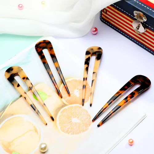 Vista 4 de 4 piezas de horquilla francesa en forma de U con dos puntas en forma de U, pinzas para el cabello, pasadores de chignon pin tortuga shell U palillos