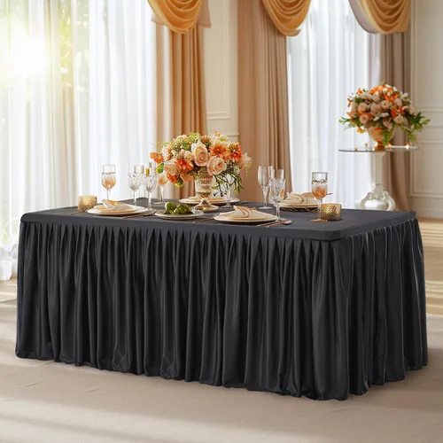 Vista 27 de Manteles de poliéster negro para mesas rectangulares de 4 pies, funda de mesa ajustada sin arrugas de 4 pies con falda para fiestas, bodas