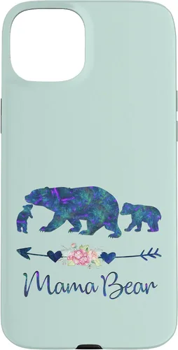 Vista 9 de Teal Blue Purple Floral Mama Bear and Two Cubs Green Mint Case for iPhone 16