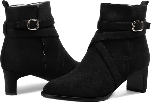 Vista 6 de WAYDERNS Botas altas de tobillo de gamuza para mujer, con correa de tobillo, puntera redonda, bloque sólido, tacón bajo, 2 pulgadas