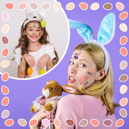 Vista 5 de Nosiny 240 piezas de tatuajes temporales con purpurina de Pascua, huevos de conejito feliz, pollo, zanahoria, accesorios de ropa, calcomanías