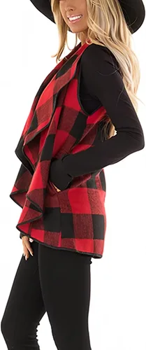 Vista 3 de Unidear - Chaleco con diseño de lana cuadriculada para mujer, chaqueta tipo cárdigan sin mangas, con solapa, frente abierto y bolsillos