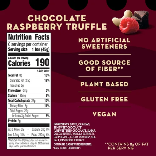 Vista 2 de Larabar Trufa de frambuesa y chocolate, barras de frutas y nueces, sin gluten y veganas, 9.6 onzas, 6 unidades Sin gluten, vegano, sin lácteos