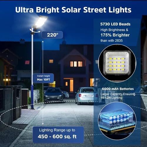 Vista 4 de Luces solares de calle para exteriores impermeables, luces LED de 20000 lm, 6500 K, con sensor de movimiento, luces de inundación solares