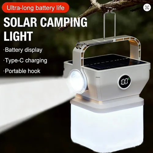 Vista 2 de V.C Formark - Linterna solar para campamento, carga dual (USB-C y solar), pantalla de batería, 3 modos + linterna, ligera para campamento y cortes