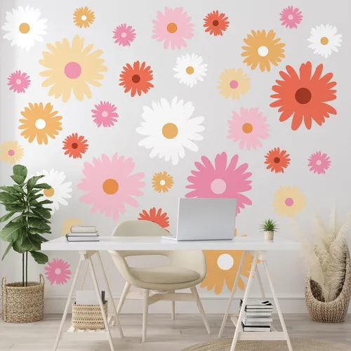 Vista 7 de TaoBary 12 Hojas Calcomanía de Pared de Margaritas Pegatina de Pared de Flores Bonita Pegatina de Margaritas Rosa Blanca Calcomanía de Flores