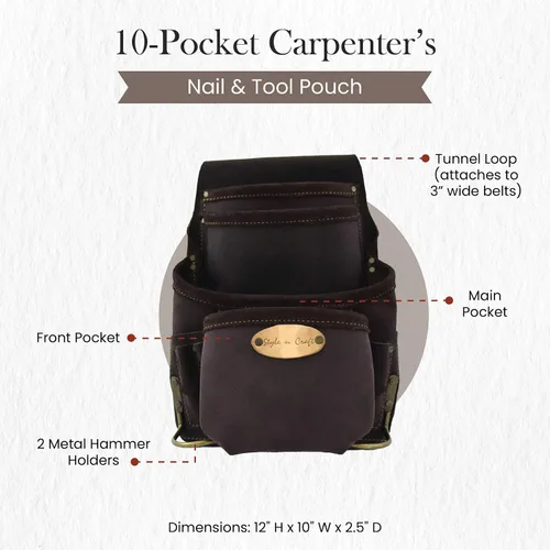 Vista 3 de Style n Craft Bolsa de herramientas y uñas de carpintero de 10 bolsillos, bolsa de herramientas de cuero resistente, perfecta y duradera, bolsa