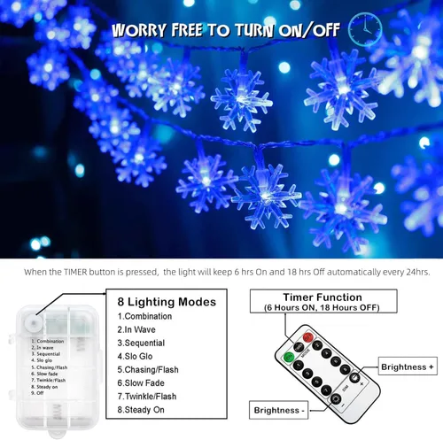 Vista 5 de Luces de cadena de copos de nieve navideños, 20 pies, 40 LED, funcionan con batería, luces de hadas azules con control remoto, 8 modos, luces