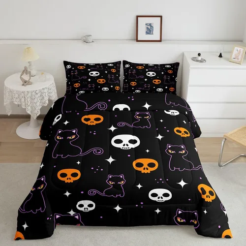 Vista 8 de Erosebridal Ropa de cama de Halloween para niños y niñas, juego de edredón espeluznante de dibujos animados, tamaño individual, relleno de edredón