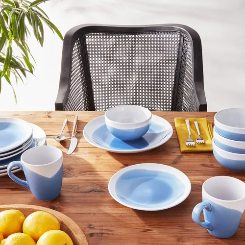 Vista 7 de American Atelier Juego de vajilla redonda Platos, cuencos y tazas de cocina azul y blanco Colección Oasis de 16 piezas de cerámica de 10.5 x