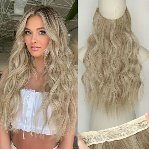 Vista 62 de Extensiones de cabello con hilo invisible, diadema transparente, ajustables, 4 clips fijadores, cabello largo y ondulado de 12 pulgadas, balayage