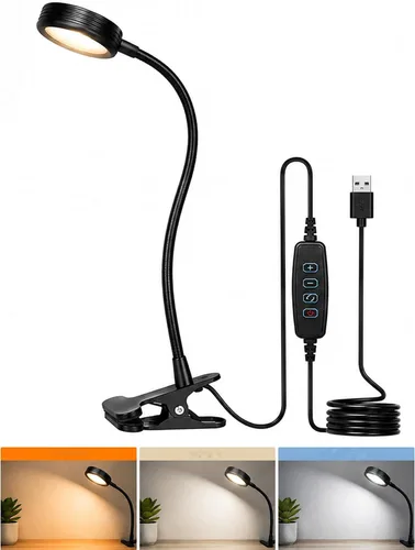 Vista 11 de Lámpara de escritorio USB con clip con 3 modos de color, brillo ajustable, cuello de cisne, temporizador de 1 minuto, luz de libro para leer libro
