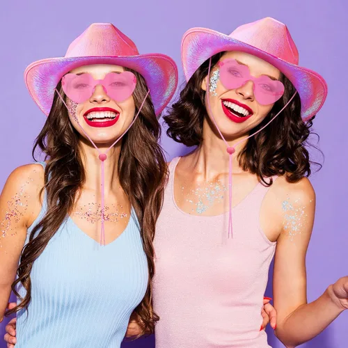 Vista 4 de Coume 23 sombreros de vaquero iluminados, brillantes holográficos, sombreros de vaquera con lentes de sol de corazón para mujer, disfraz de fiesta