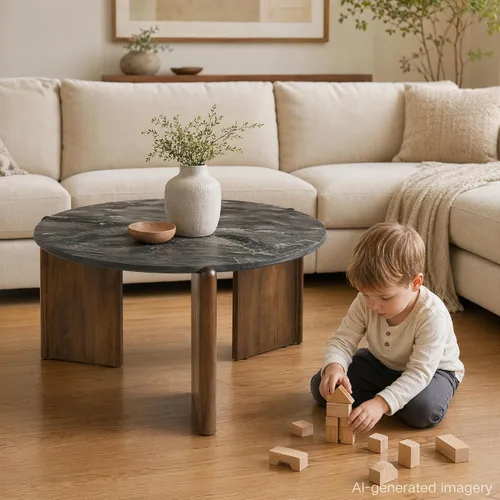 Vista 3 de Mesa de centro redonda de mármol negro con tres patas de madera de nogal, mesa central moderna para sala de estar, decoración del hogar, oficina