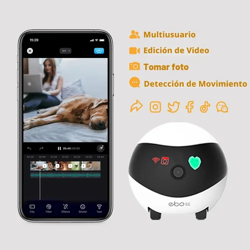Vista 6 de Enabot EBO SE FamilyBot Home Camera Robot: Cámara móvil para mascotas 1080P en interiores, funciona con batería, recarga automática, visión