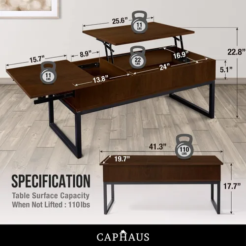 Vista 3 de CAPHAUS Mesa de centro elevable con compartimento oculto y cajón deslizante, mesa elevadora para almacenamiento de sala de estar, 41 pulgadas