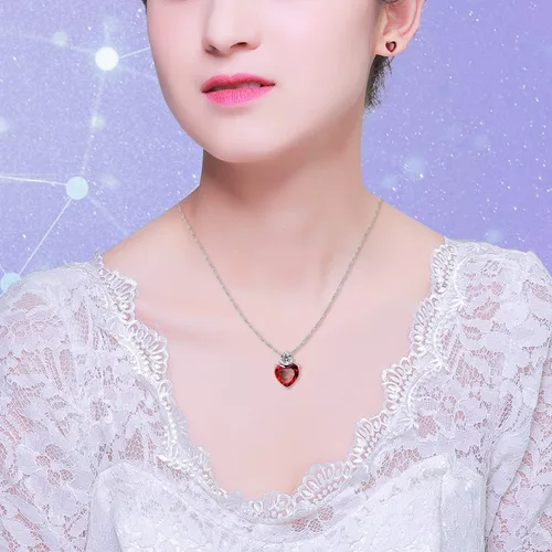 Vista 3 de Uloveido Collar de corazón de cristal rojo y pendientes conjunto de joyas de boda para mujeres BME53
