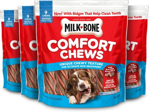 Vista 11 de Milk-Bone - Masticadores de confort, golosinas para perros sin piel cruda con textura masticable única y carne de vacuno real, 3 masticables