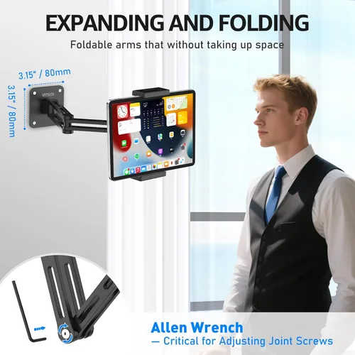 Vista 5 de Urmust Soporte de pared para tableta para iPad, rotación de 360°, soporte ajustable para tablet con brazo extensible de aluminio, para iPad