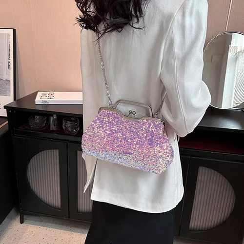 Vista 2 de Mini bolso de noche con lentejuelas con purpurina para mujer, bolso de mano de metal con asa superior, correa de cadena, bolso cruzado